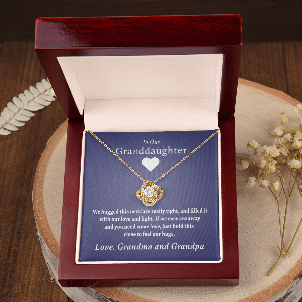 To Our Granddaughter (From Grandma & Grandpa) - Hugged This Tight Purple Card | Gold and Stainless Steel Knot Necklace