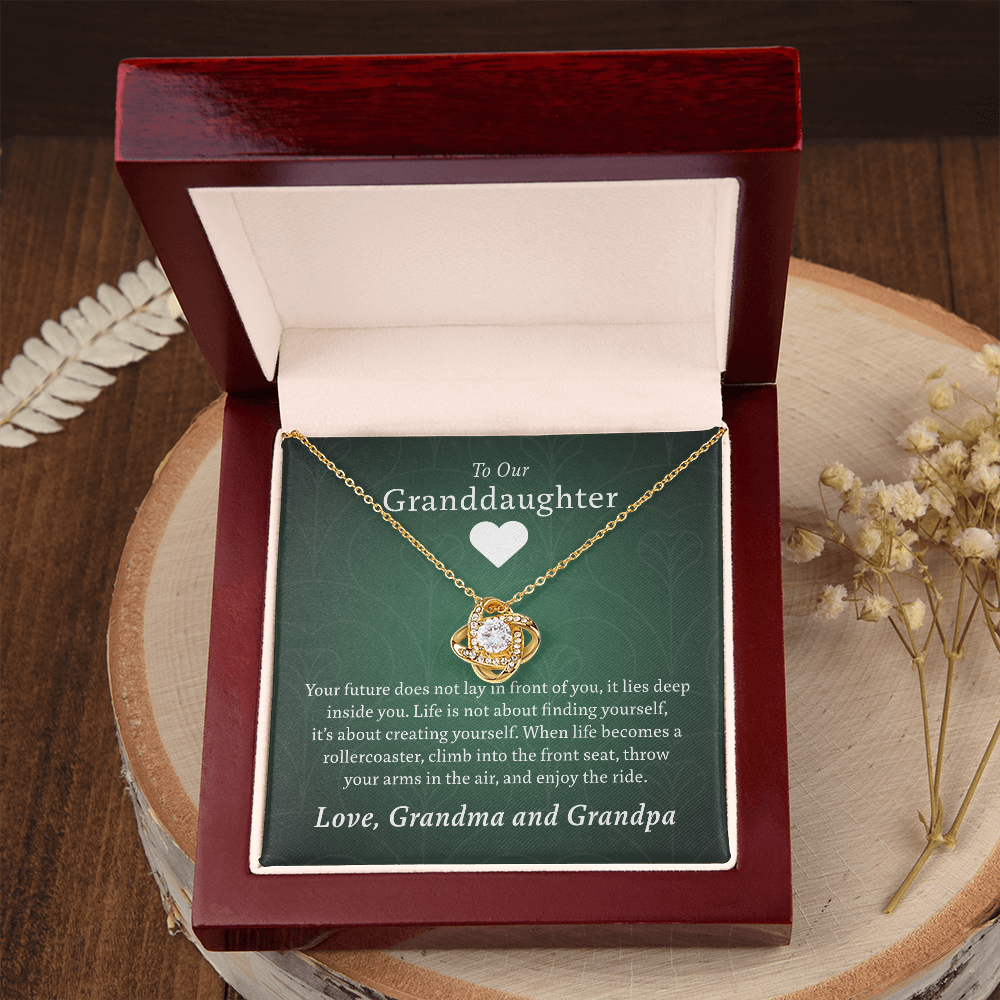 To Our Granddaughter (From Grandma & Grandpa) - Two Warm Hugs Green | Gold and Stainless Steel Knot Necklace