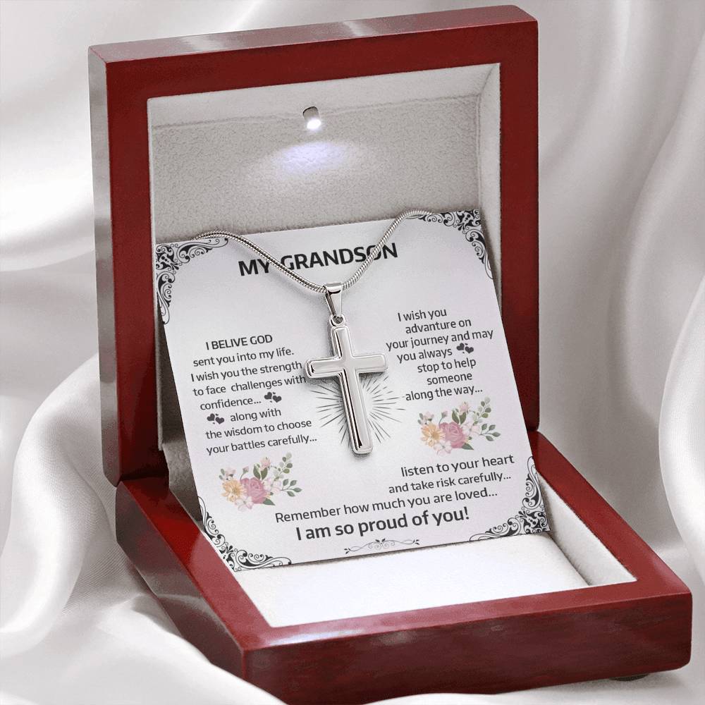 To My Grand Son - Remember How Much You Are Loved | Stunning Artisan Crafted 14k White Gold Cross Necklace