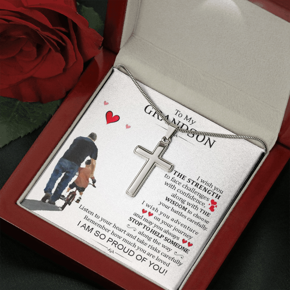 To My Grand Son - I Am So Proud Of You | Artisan Crafted 14k White Gold Cross Necklace with Sentimental Message Card