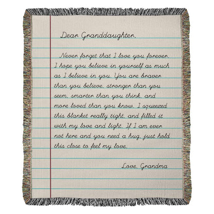 Granddaughter Heirloom Handwoven Blanket, "Never Forget That I Love You", Letter from Grandma Blanket, Gift for Christmas, Birthday Present