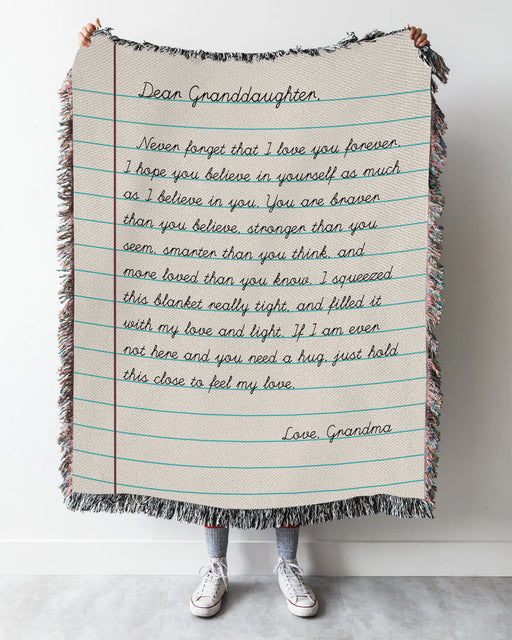 Granddaughter Heirloom Handwoven Blanket, "Never Forget That I Love You", Letter from Grandma Blanket, Gift for Christmas, Birthday Present