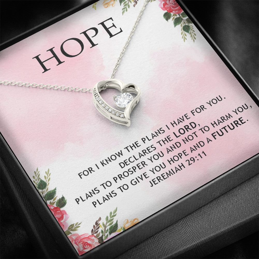 HOPE - For I Know The Plans I Have For You ( Jeremiah 29:11) | Stunning 14k White Gold Forever Love Heart Necklace