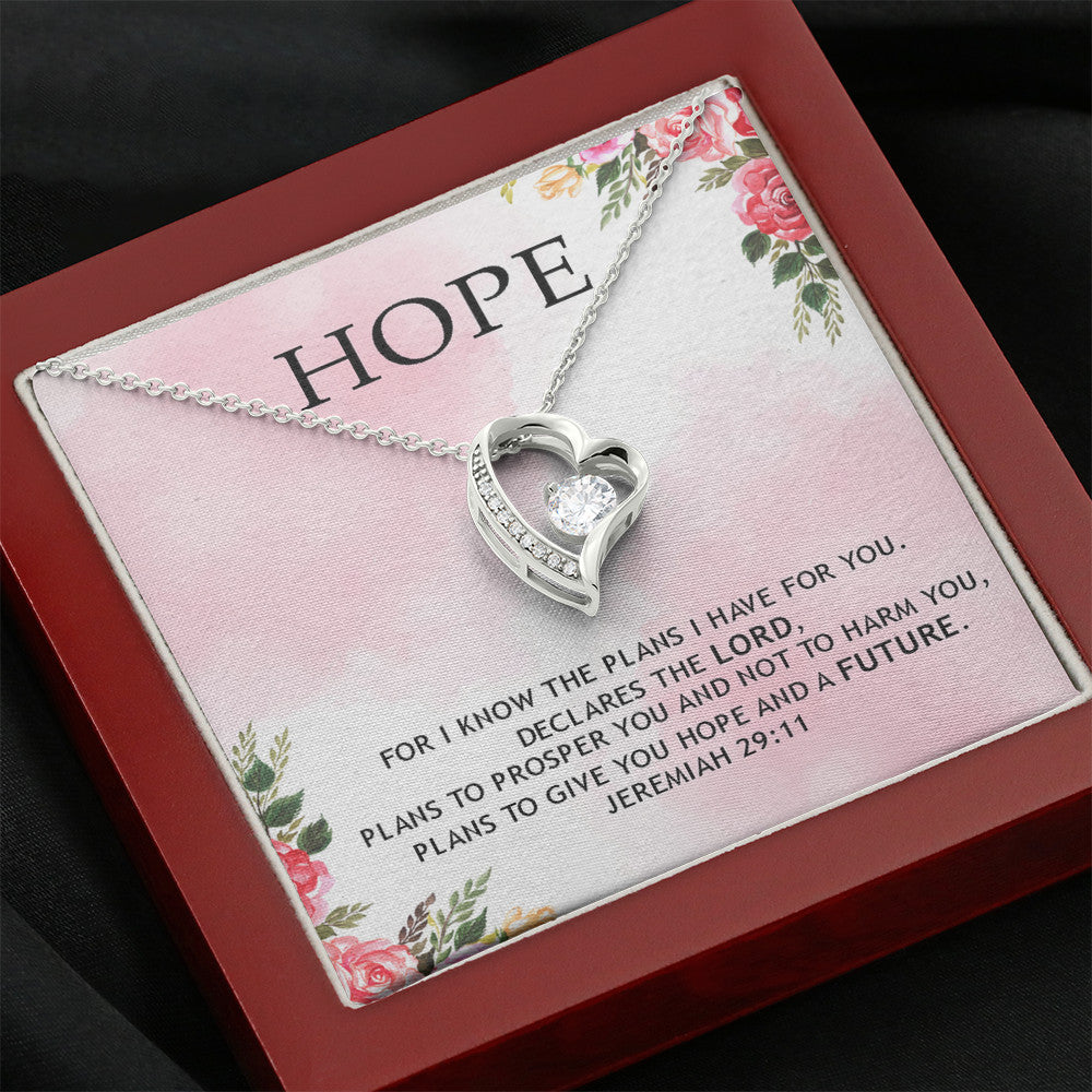 HOPE - For I Know The Plans I Have For You ( Jeremiah 29:11) | Stunning 14k White Gold Forever Love Heart Necklace