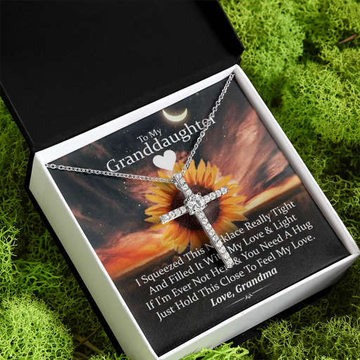 To My Granddaughter - Squeezed This Tight (Sunset) - Grace White Gold Cross Necklace Standard Box