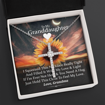 To My Granddaughter - Squeezed This Tight (Sunset) - Grace White Gold Cross Necklace