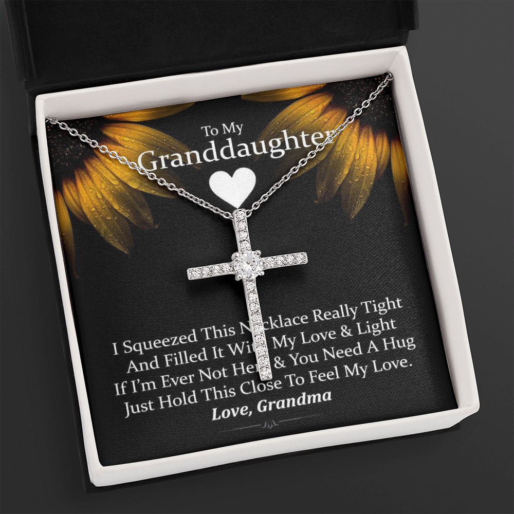 To My Granddaughter - Squeezed This Tight (Sunflower) - Grace White Gold Cross Necklace