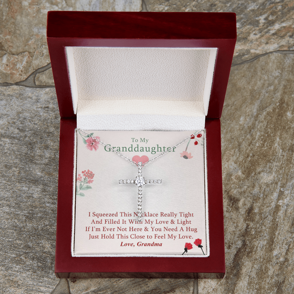 To My Granddaughter - Squeezed This Tight (Flowers) - Grace White Gold Cross Necklace