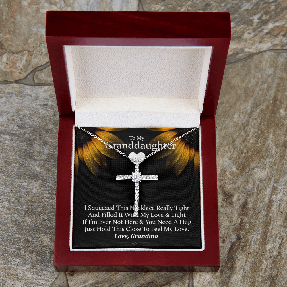 To My Granddaughter - Squeezed This Tight (Sunflower) - Grace White Gold Cross Necklace