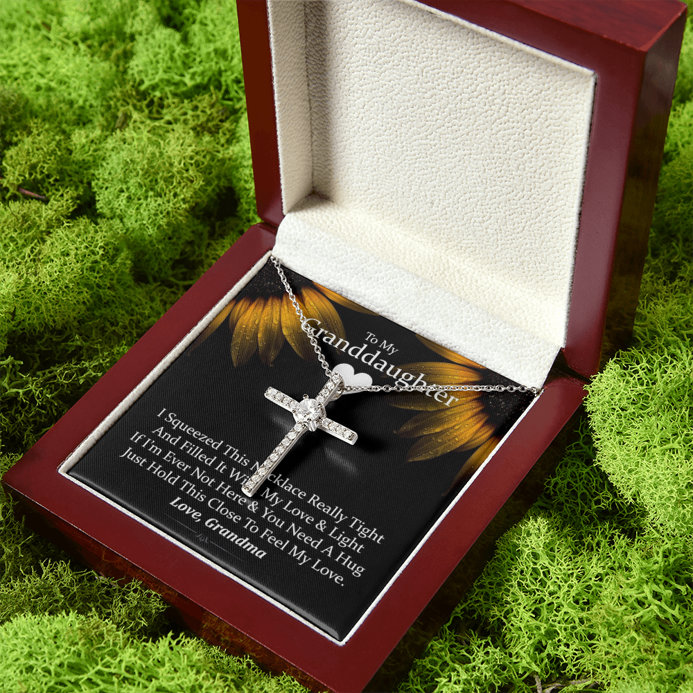 To My Granddaughter - Squeezed This Tight (Sunflower) - Grace White Gold Cross Necklace