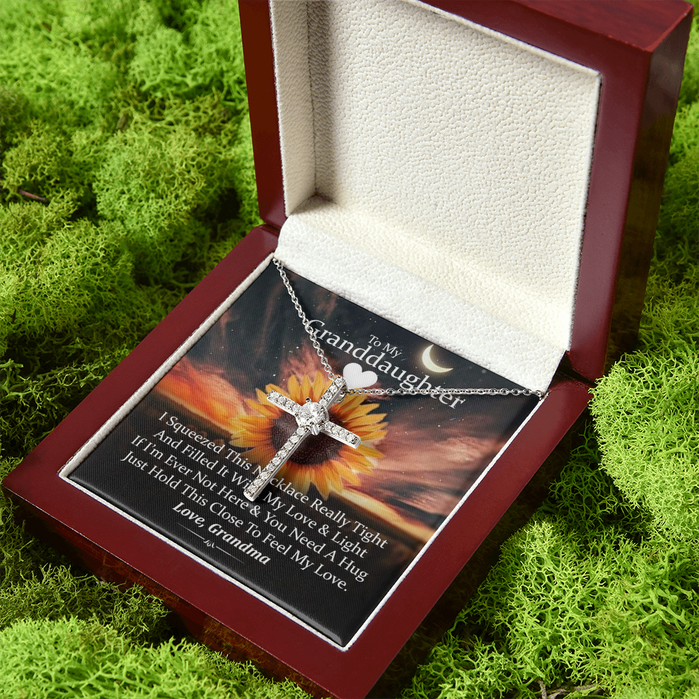 To My Granddaughter - Squeezed This Tight (Sunset) - Grace White Gold Cross Necklace