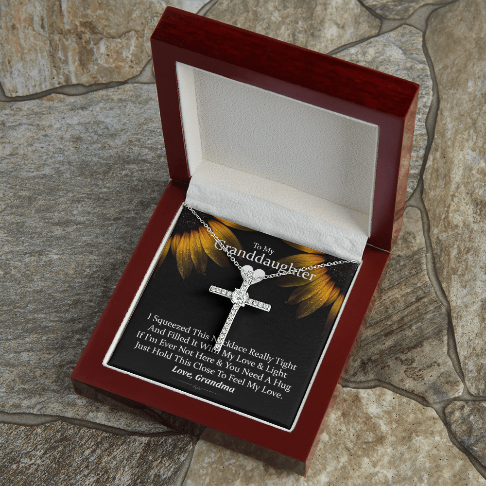 To My Granddaughter - Squeezed This Tight (Sunflower) - Grace White Gold Cross Necklace