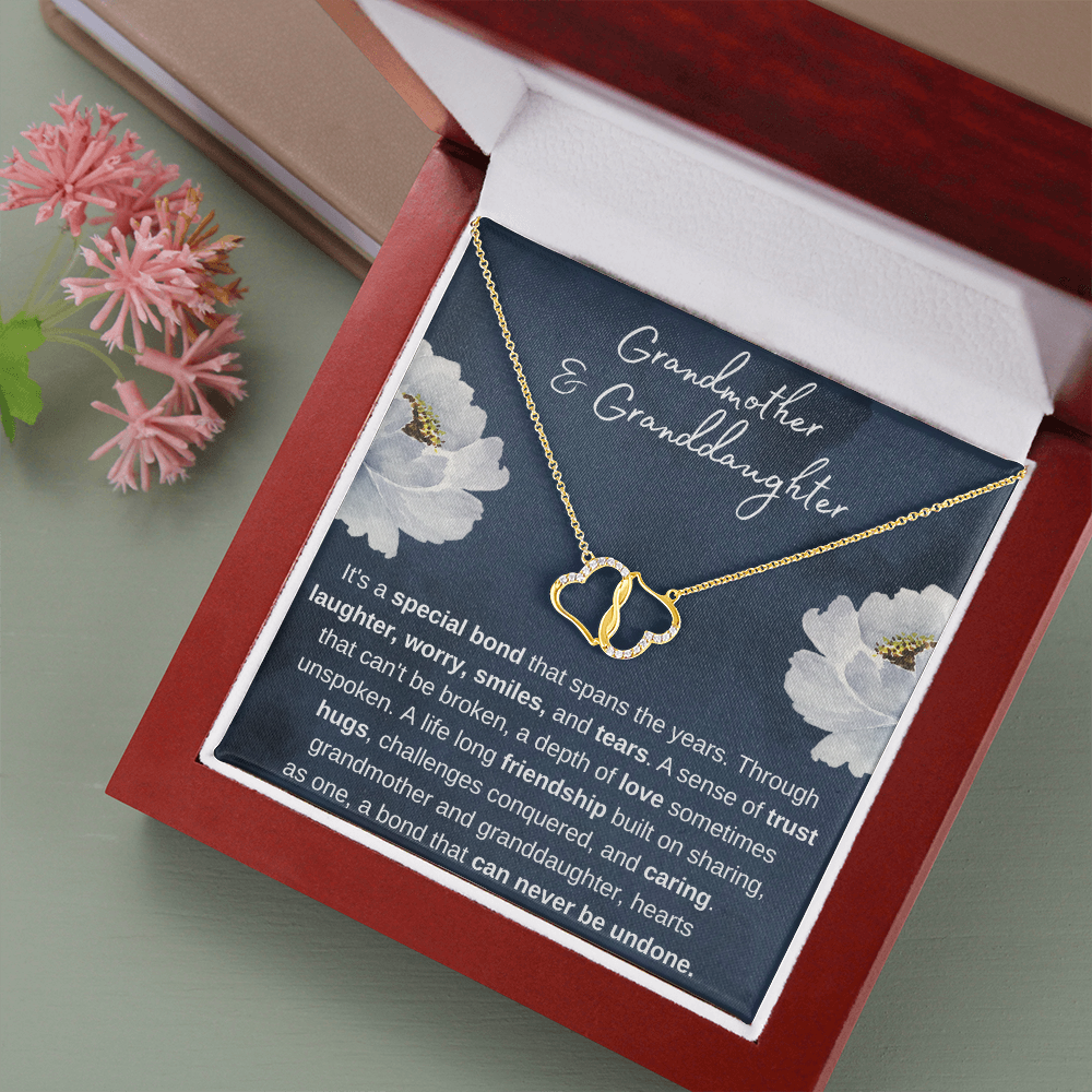 Grandmother and Granddaughter Hearts as One | Authentic Diamonds and Solid 10K Gold Necklace | Free Mahogany Box