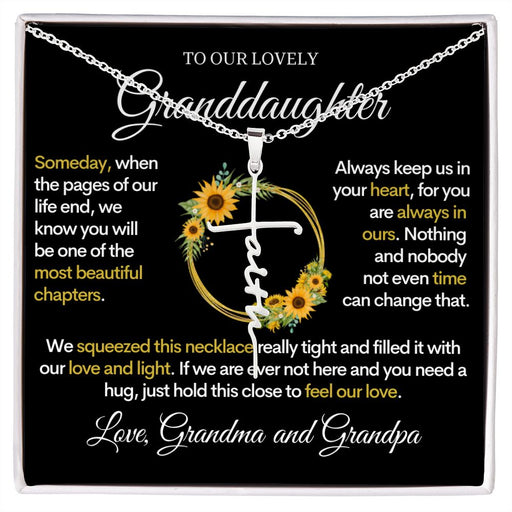 Granddaughter (Love Grandma and Grandpa) Beautiful Stainless Steel and Gold Faith Cross Necklace Two Tone Box