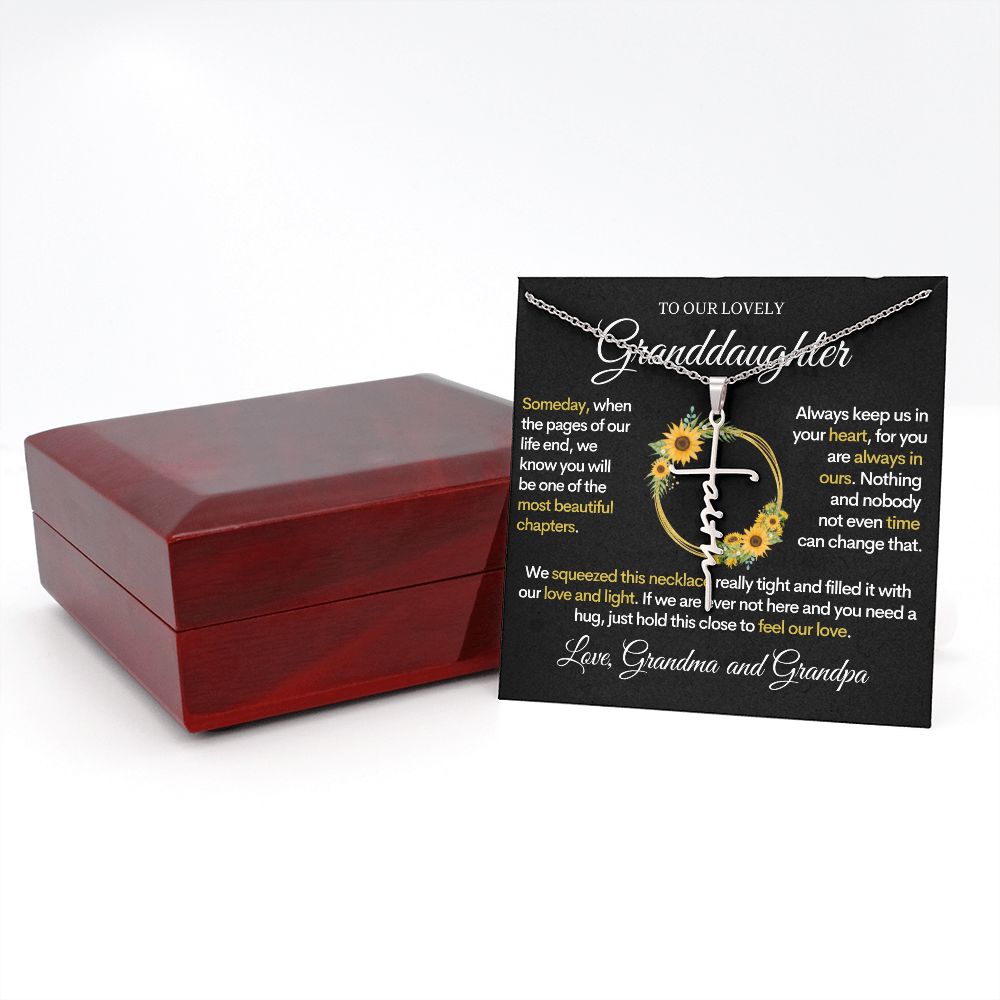 Granddaughter (Love Grandma and Grandpa) Beautiful Stainless Steel and Gold Faith Cross Necklace