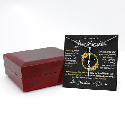 Granddaughter (Love Grandma and Grandpa) Beautiful Stainless Steel and Gold Faith Cross Necklace