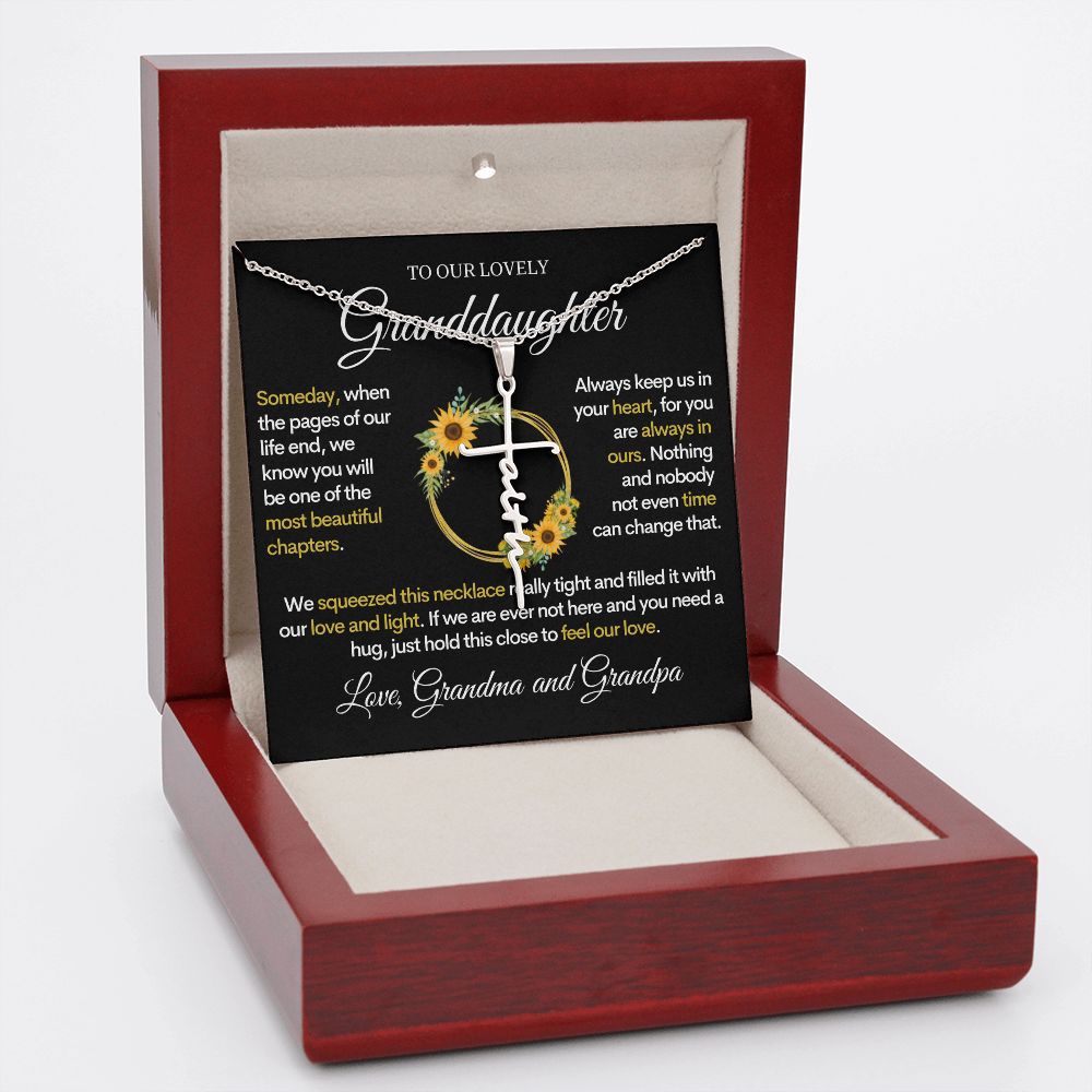 Granddaughter (Love Grandma and Grandpa) Beautiful Stainless Steel and Gold Faith Cross Necklace