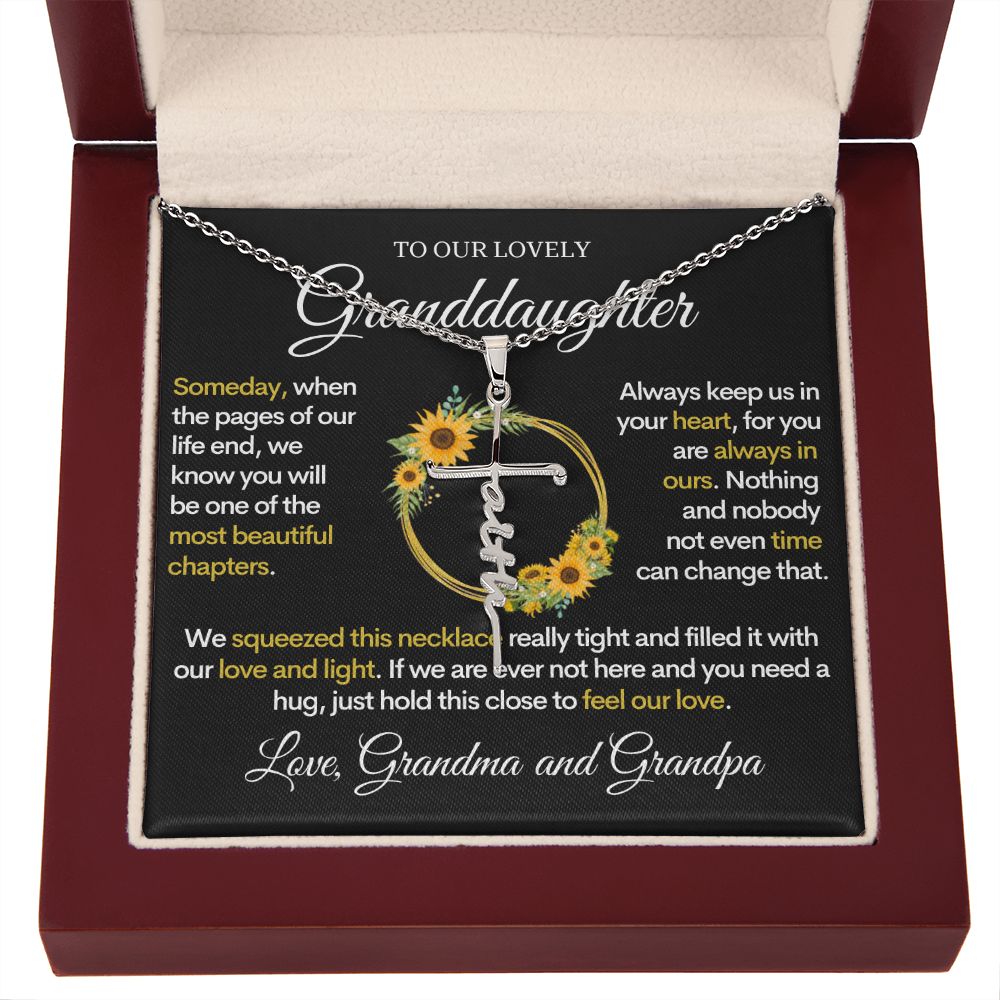 Granddaughter (Love Grandma and Grandpa) Beautiful Stainless Steel and Gold Faith Cross Necklace