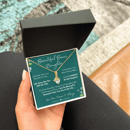 To My Beautiful Bonus Daughter - Always My Daughter | Stainless Steel and Gold Elegant Family Necklace