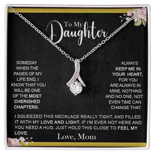To My Daughter (Love Mom) | Beautiful White Gold Ribbon Necklace
