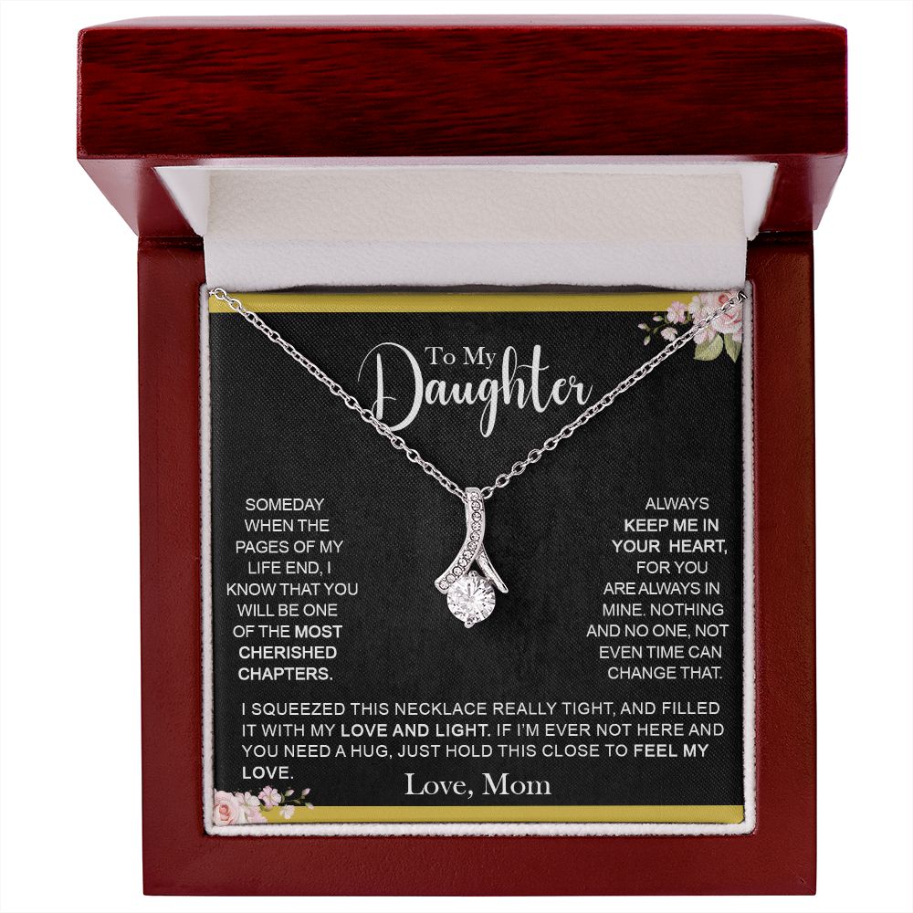 To My Daughter (Love Mom) | Beautiful White Gold Ribbon Necklace