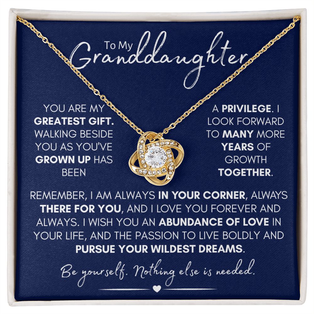 To My Granddaughter - Love & Growth, Beautiful Stainless Steel and Gold Love Knot Necklace