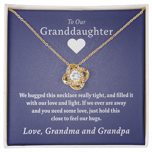 To Our Granddaughter (From Grandma & Grandpa) - Hugged This Tight Purple Card  | Gold and Stainless Steel Knot Necklace