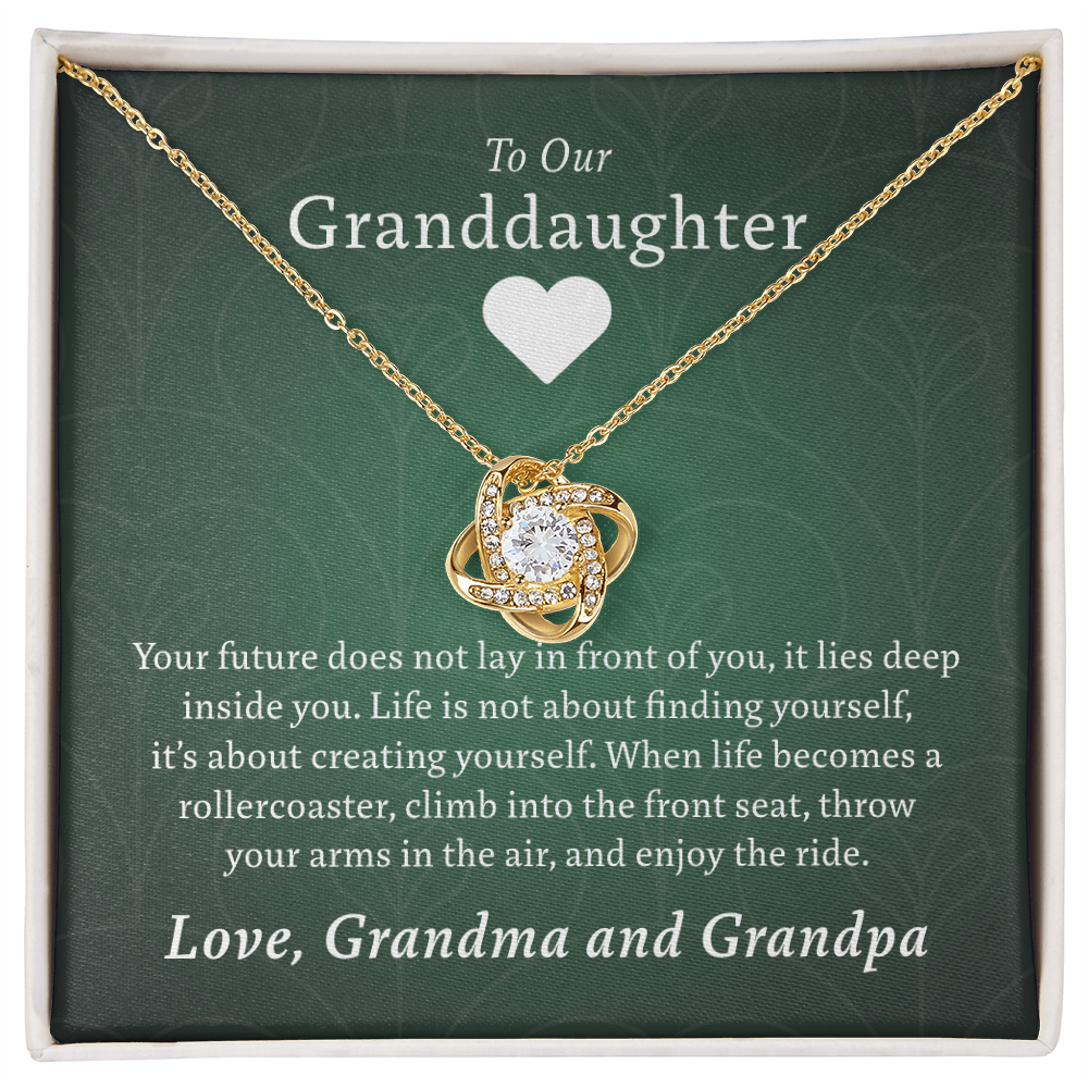To Our Granddaughter (From Grandma & Grandpa) - Two Warm Hugs Green | Gold and Stainless Steel Knot Necklace