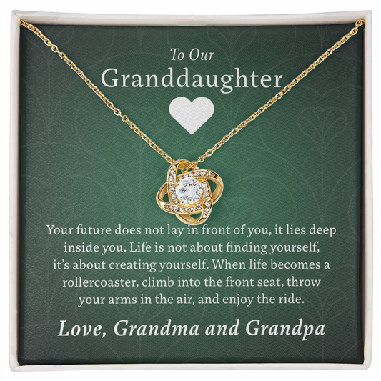 To Our Granddaughter (From Grandma & Grandpa) - Two Warm Hugs Green | Gold and Stainless Steel Knot Necklace