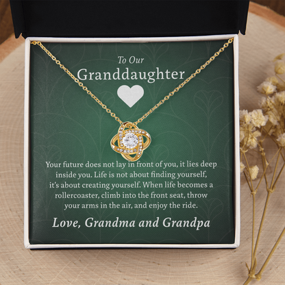 To Our Granddaughter (From Grandma & Grandpa) - Two Warm Hugs Green | Gold and Stainless Steel Knot Necklace