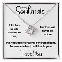 To My Soulmate - Two Hearts Beating as One | 14k White Gold Love Knot Necklace
