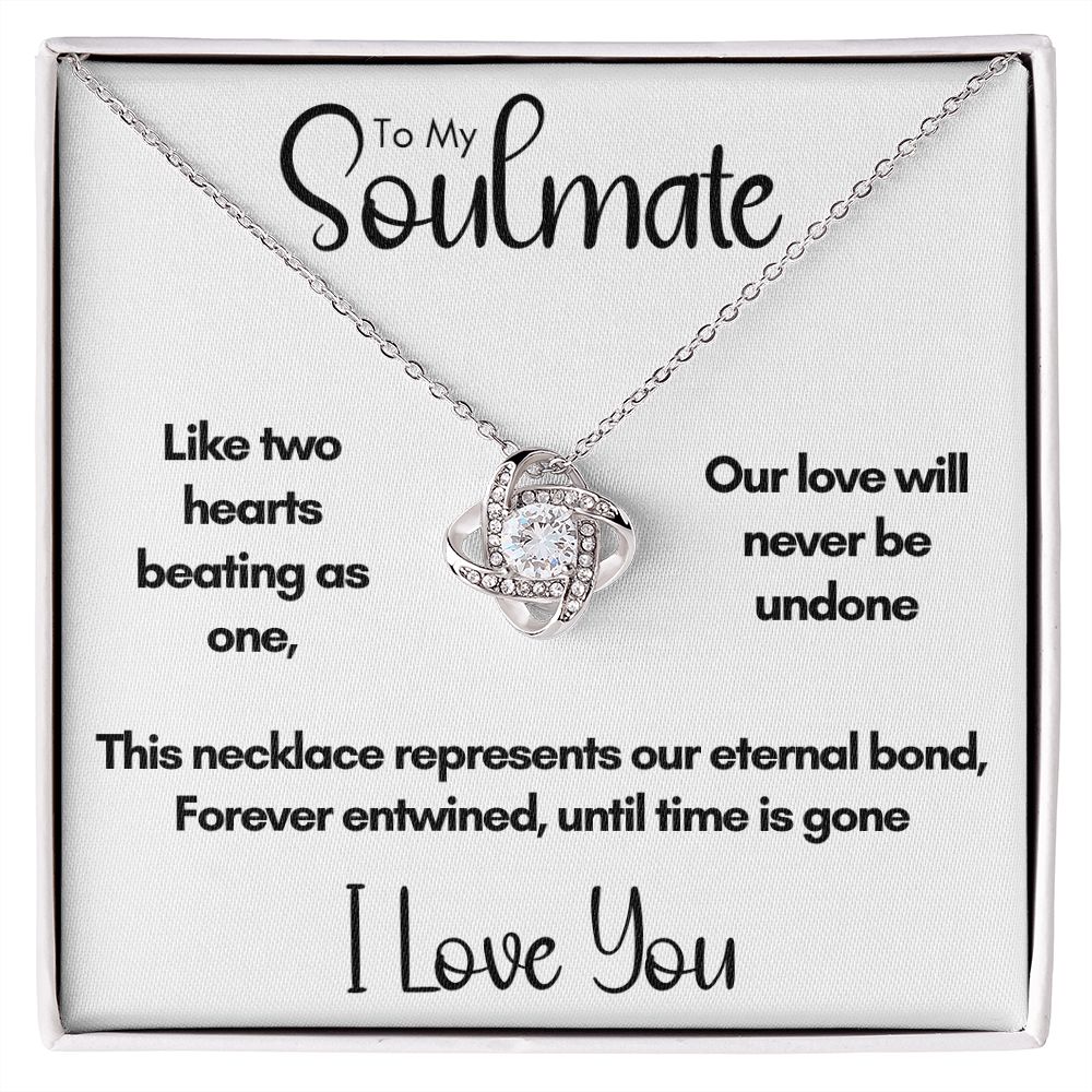 To My Soulmate - Two Hearts Beating as One | 14k White Gold Love Knot Necklace
