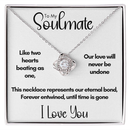 To My Soulmate - Two Hearts Beating as One | 14k White Gold Love Knot Necklace