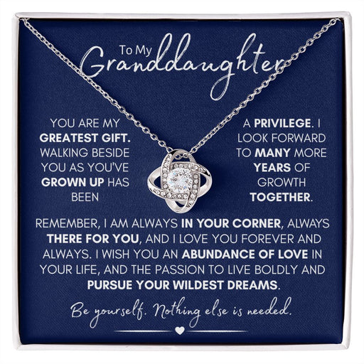 To My Granddaughter - Love & Growth, Beautiful Stainless Steel and Gold Love Knot Necklace 14K White Gold Finish Standard Box
