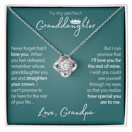 Perfect Granddaughter (Love Grandpa), Straighten Your Crown | Gold Love Knot Necklace for Granddaughters