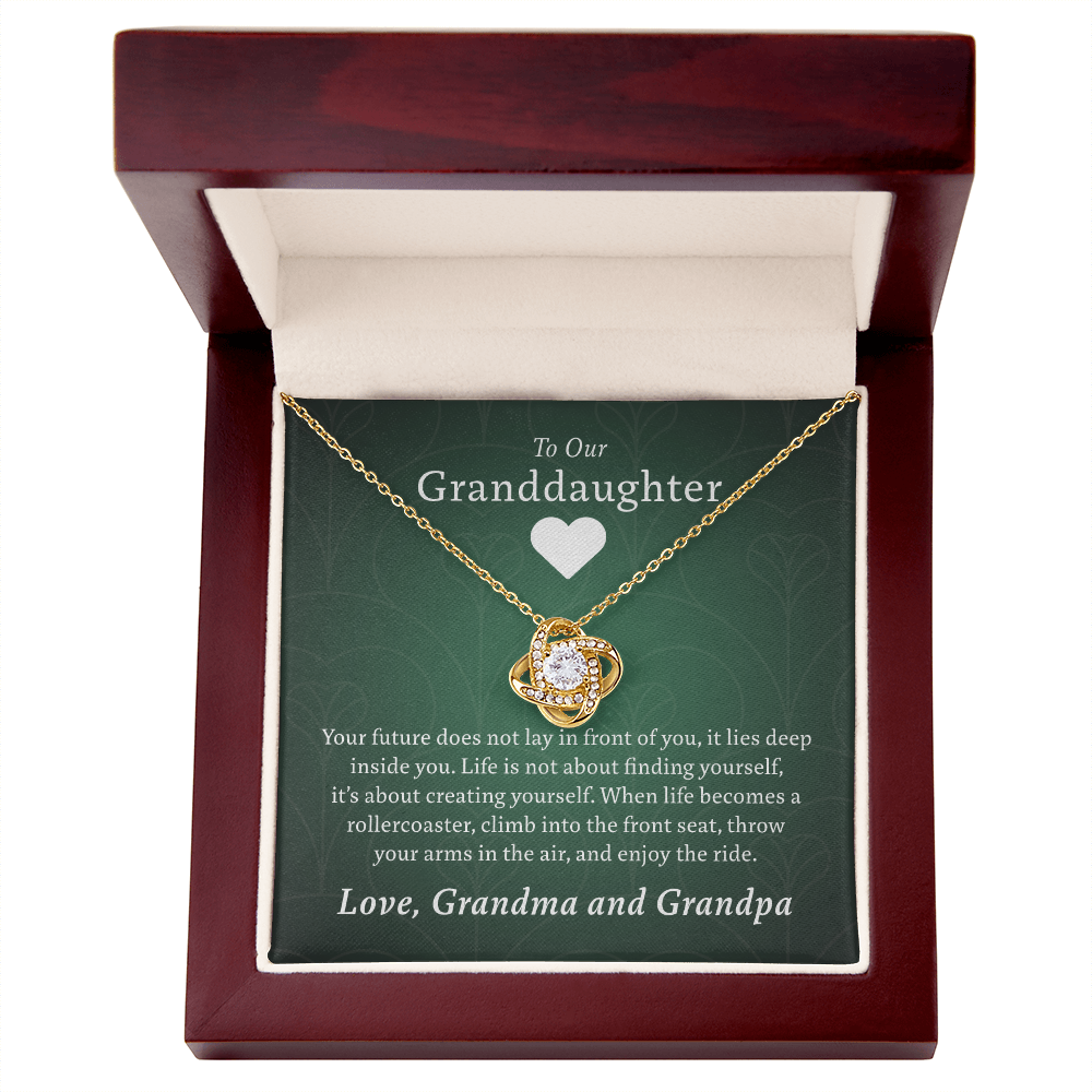 To Our Granddaughter (From Grandma & Grandpa) - Two Warm Hugs Green | Gold and Stainless Steel Knot Necklace