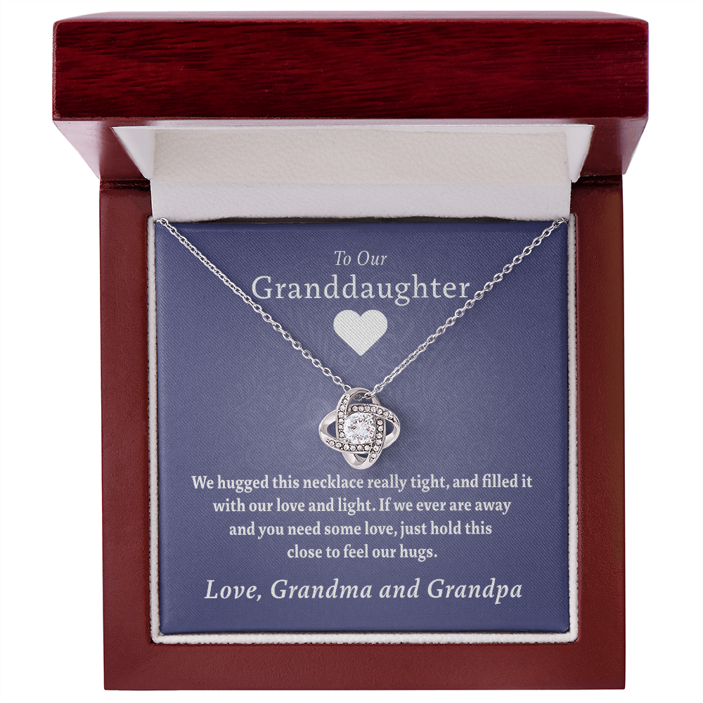 To Our Granddaughter (From Grandma & Grandpa) - Hugged This Tight Purple Card  | Gold and Stainless Steel Knot Necklace
