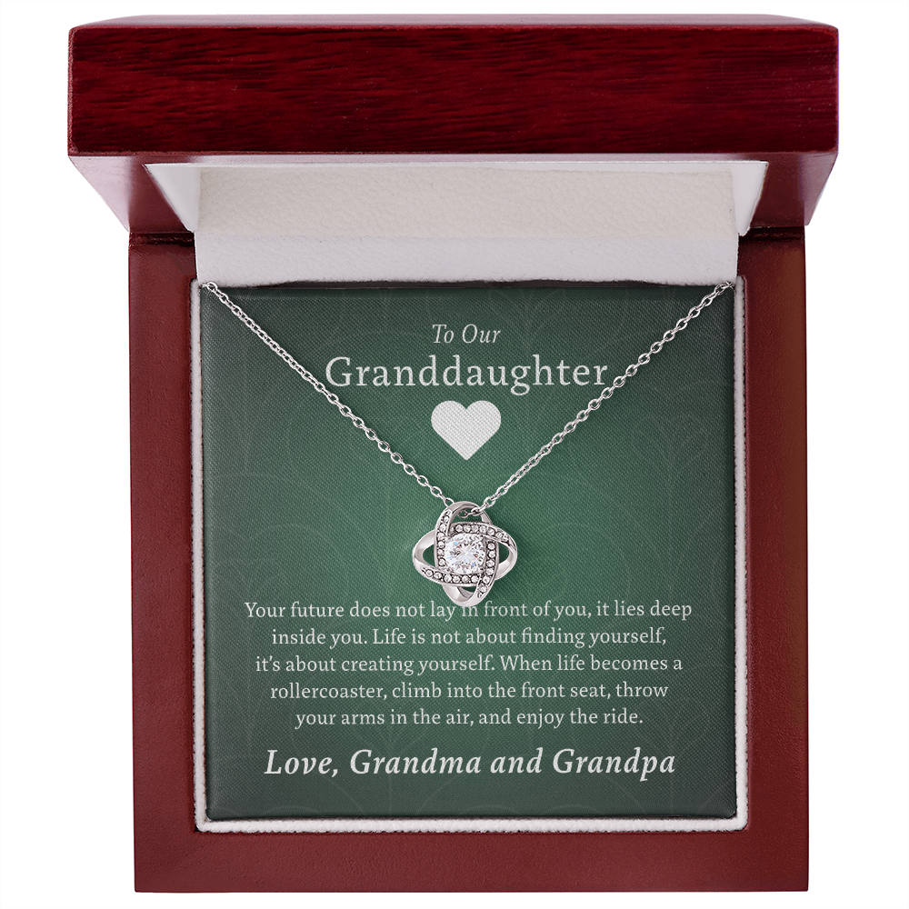 To Our Granddaughter (From Grandma & Grandpa) - Two Warm Hugs Green | Gold and Stainless Steel Knot Necklace