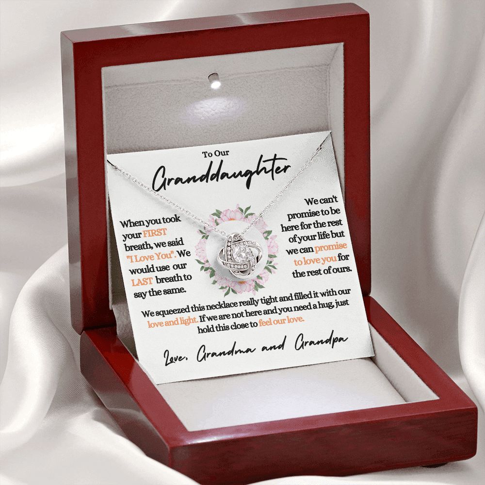 To Our Granddaughter (Love Grandma / Grandpa) Flowers Beautiful 14k White Gold Knot Necklace