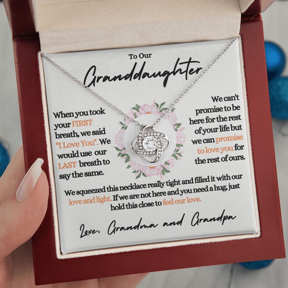 To Our Granddaughter (Love Grandma / Grandpa) Flowers Beautiful 14k White Gold Knot Necklace