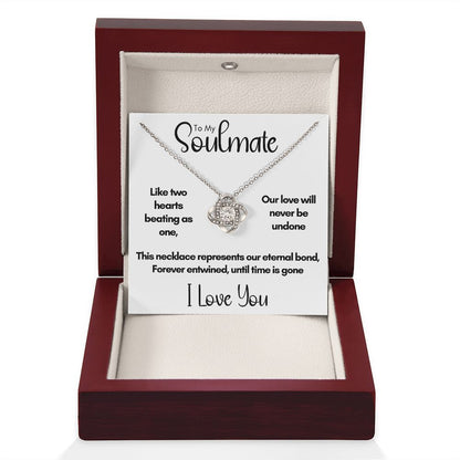 To My Soulmate - Two Hearts Beating as One | 14k White Gold Love Knot Necklace