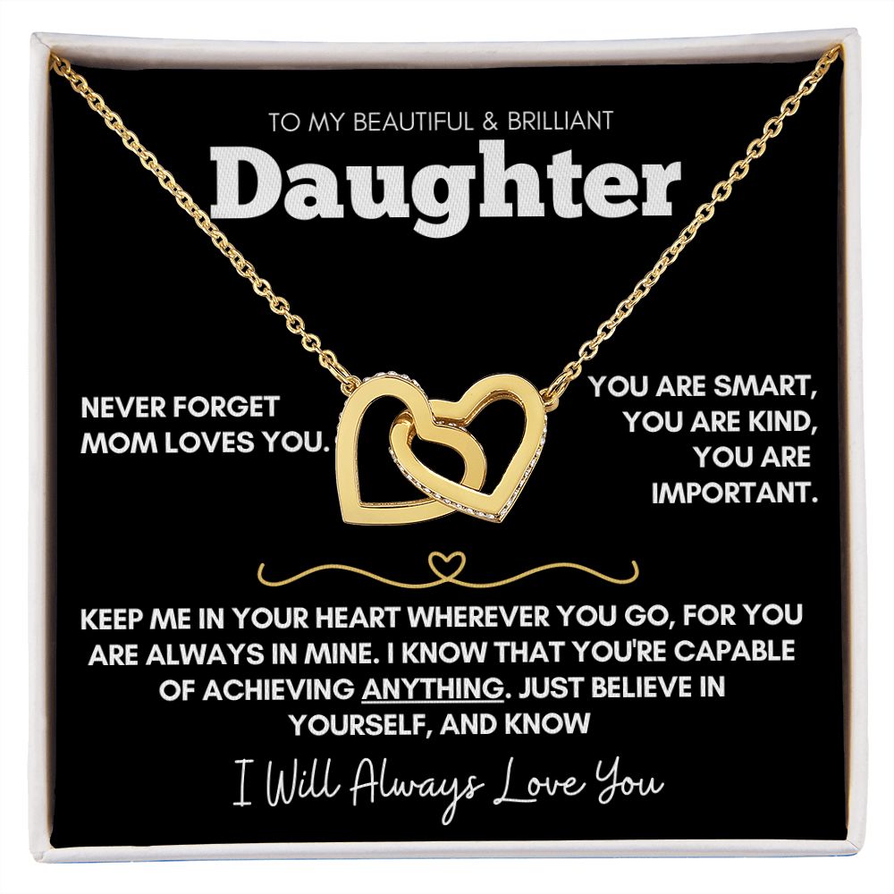 Daughter - Never Forget Mom Loves You - 14k Rose Gold and Stainless Steel Hearts Necklace