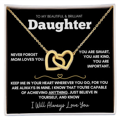 Daughter - Never Forget Mom Loves You - 14k Rose Gold and Stainless Steel Hearts Necklace