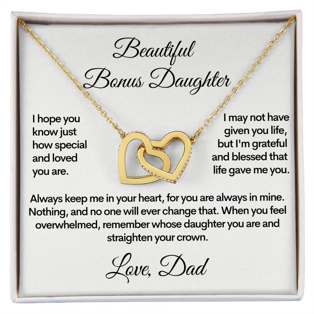Bonus Daughter (Love, Dad) | Beautiful Locked Hearts Stainless Steel and Gold Necklace