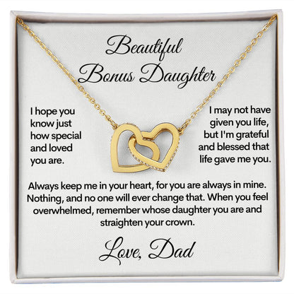 Bonus Daughter (Love, Dad) | Beautiful Locked Hearts Stainless Steel and Gold Necklace