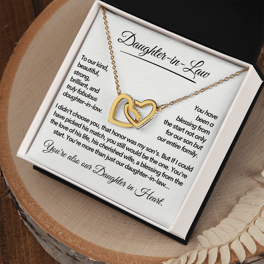 Daughter-In-Law, Gold Stainless Steel Locked Hearts Necklace Bonus Daughter Gift Idea