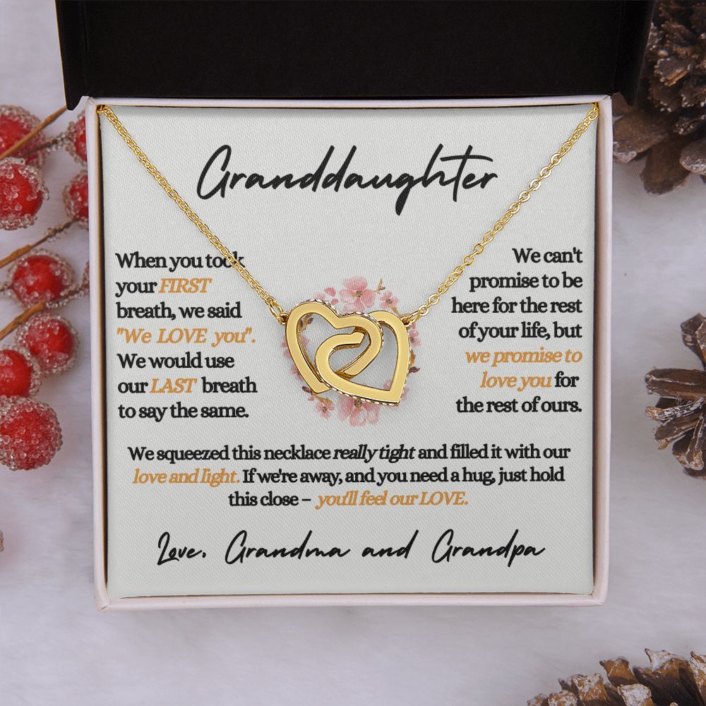 Granddaughter (Love, Grandma and Grandpa) Beautiful Gold Connected Hearts Necklace