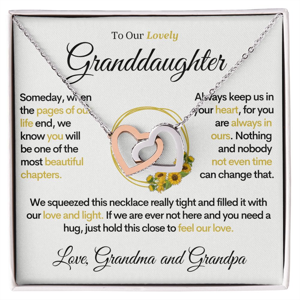 To Our Lovely Granddaughter - Sunflower Pages of Life, Two Hearts Necklace (From Grandma and Grandpa)