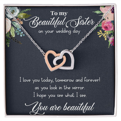 Beautiful Sister - On Your Wedding Day Necklace and Poem, Anniversary, Valentine's Day, Rose Gold Hearts Necklace