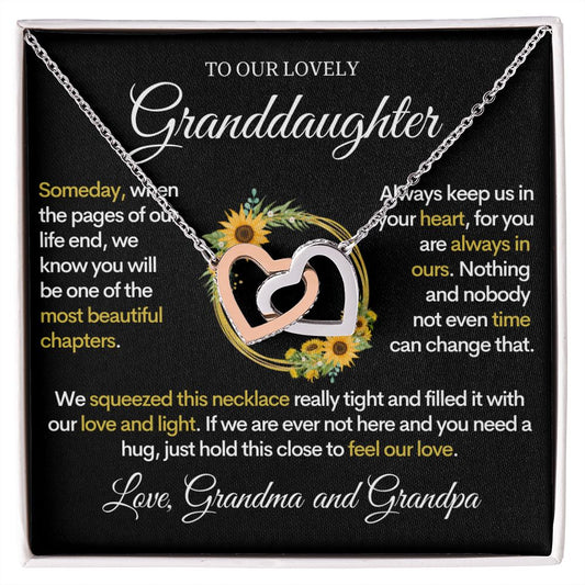 To Our Lovely Granddaughter (From Grandpa and Grandma) Sunflowers & Love - Beautiful Gold Necklace Hearts